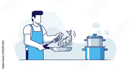 Cooking Fish Meal: A Chef's Culinary Action Depicted in an Modern Flat Illustration