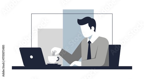 Corporate Executive Working On Laptop With Coffee Break In Modern Minimalist Design