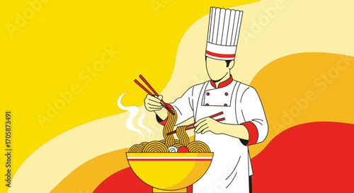 Chef Preparing Noodles, Asian Cuisine Illustration With Bright Yellow And Red Background