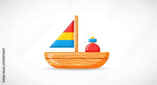 Colorful Wooden Toy Sailboat with Striped Sail and Red Cabin.