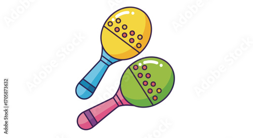 A colorful cartoon illustration of a pair of yellow and green maracas a traditional Latin musical instrument.