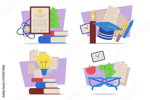 Collection of educational elements showcasing school subjects like science, finances, and achievements. Books, graduation cap, and light bulb. Learning and success concept