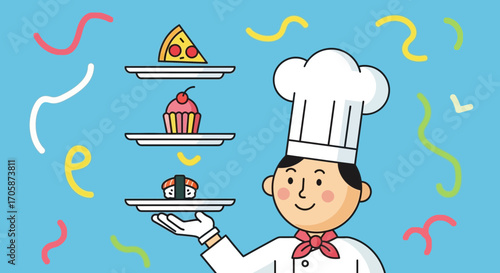 Chef Presenting Culinary Delights: Pizza, Sushi, And Cupcake Against A Cheerful Backdrop