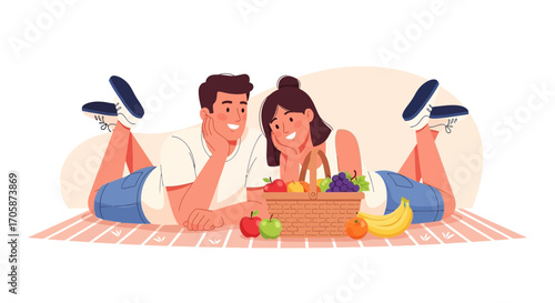 Couple Enjoying Romantic Picnic Outdoors With Fresh Fruits And A Basket