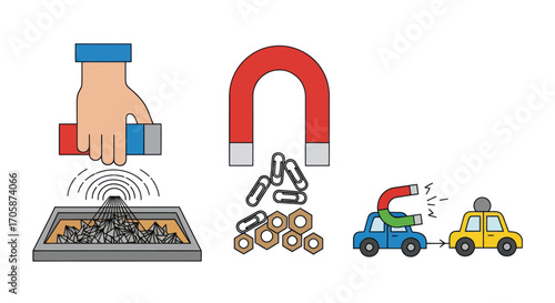 Magnetic Attraction Demonstrations: Hand Horseshoe and Toy Cars.