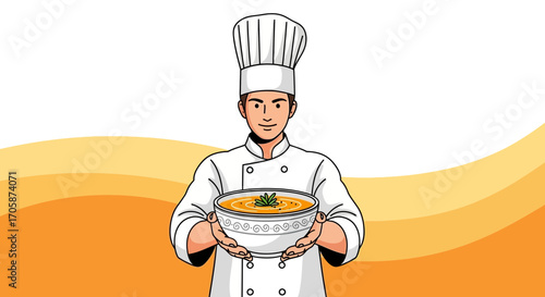 Chef Presenting Delicious Soup Bowl with Culinary Skill and Delightful Aesthetic