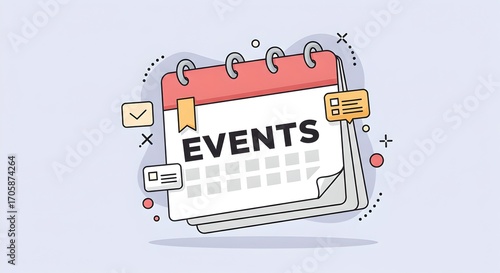 Floating EVENTS wall calendar icon in vibrant pastel cartoon style.