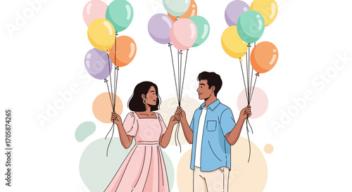 Couple Holding Balloons Celebrating Love and Happiness With Colorful Decorations