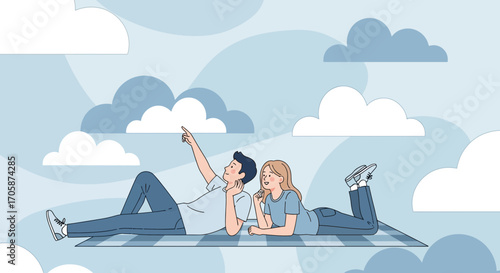 Couple Looking Up At Clouds, Enjoying A Relaxing Day Together In The Sky