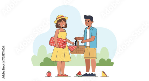Couple Preparing For A Pleasant Picnic In The Sunshine On A Summer Day