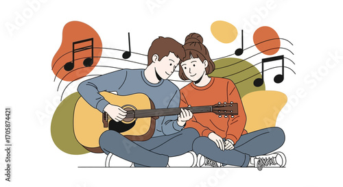 Couple Playing Guitar and Enjoying Music Together in a Relaxed and Harmonious Setting