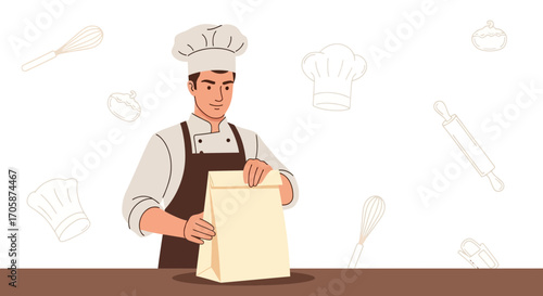 Chef Presenting Takeaway Food in Bakery Kitchen, Preparing Food for Delivery or Takeout Service