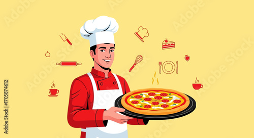 Chef Proudly Presenting Freshly Baked Pizza, Delicious Italian Cuisine Ready to Serve