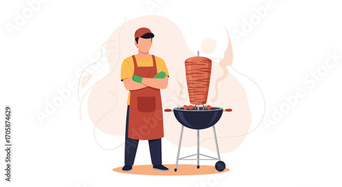 Chef Ready To Serve Delicious Shaved Lamb Shawarma From The Grilling Station