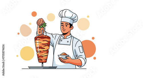 Chef Seasoning Delicious Shawarma, Illustrative Depiction On A White Background, Cooking Concept