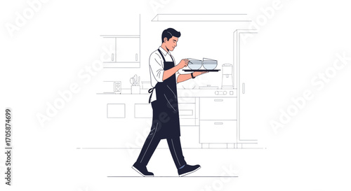 Chef Serving Food on Tray in Modern Kitchen Illustration with Calm and Focused Expression