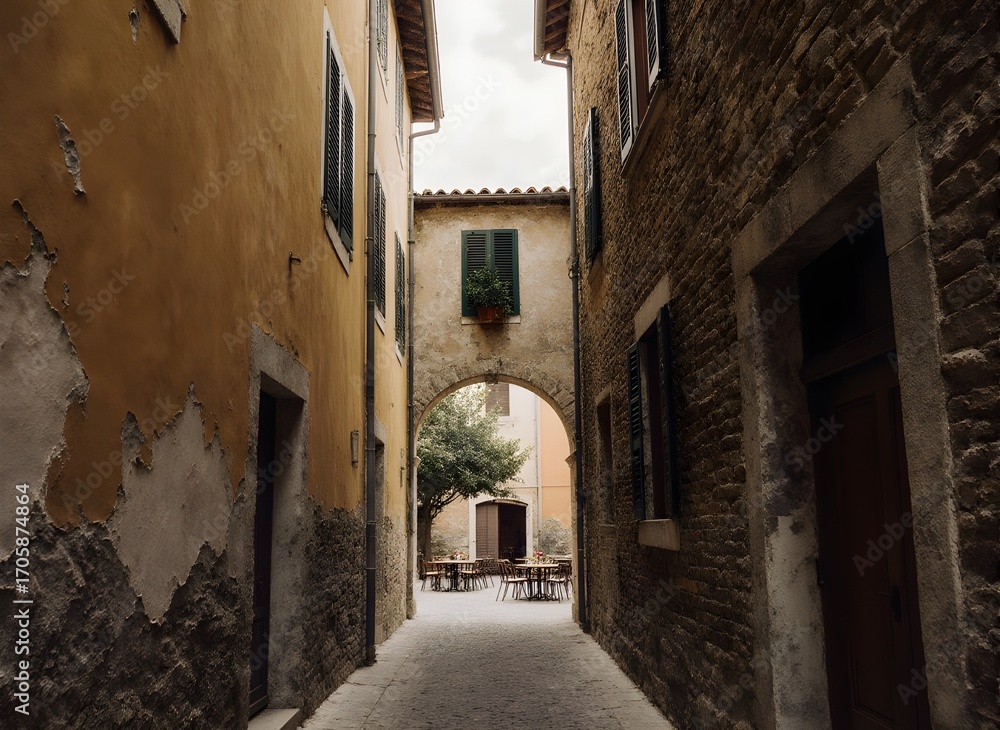 Obraz premium Quaint European Alley with Archway and Courtyard
