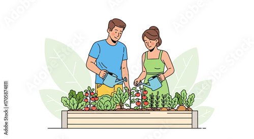 Couple Watering Garden Together Amidst Lush Foliage Creating Sustainable Produce