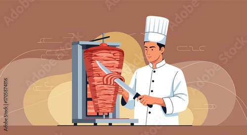 Chef Skillfully Carving Grilled Meat From Rotisserie, Culinary Perfection In Progress