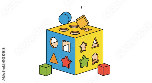 A colorful illustrated shape sorter cube an educational toy with geometric blocks for children.
