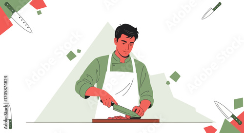 Chef Skillfully Cutting Food: Culinary Artistry in a Modern and Minimalist Illustration