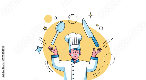 Chef Skillfully Juggling Kitchen Utensils with Energetic Movement and Vibrant Design