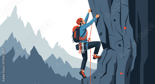 Courageous Climber Reaching A Rocky Cliff Face, Achieving Ascent, Vector Illustration