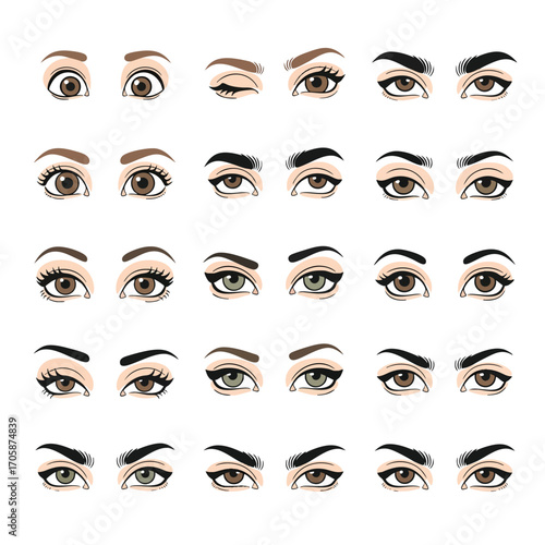 Watercolor illustration set of beautiful female eyes and eyebrows with diverse makeup styles.