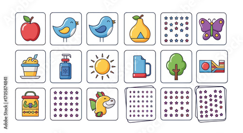 Colorful Vector Illustrations of Various Objects and Icons.