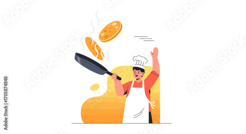 Chef Skillfully Flinging Fluffy Pancakes In A Frying Pan, Cooking Delightfully