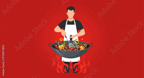 Chef Skillfully Stirring Ingredients In A Wok Over Flaming Flames Of Fire Action