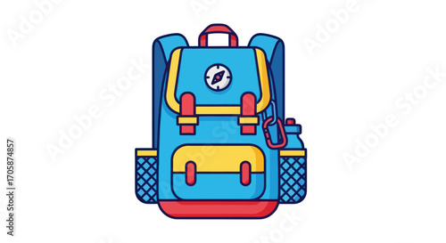 Colorful Cartoon Backpack with Compass Emblem and Side Pockets.
