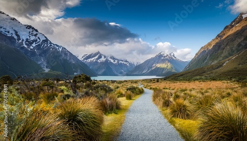 Wallpaper Mural A Path Leading Through The New Zealand Wilderness With Mountains In The Background And A Lake At Its End Torontodigital.ca