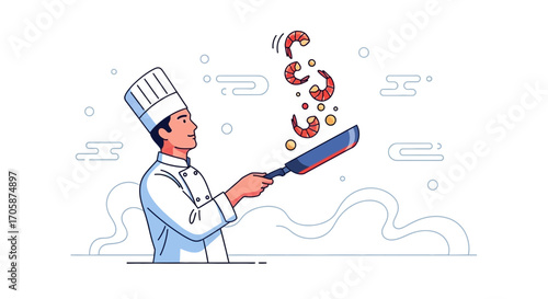 Chef Skillfully Tosses Shrimp in a Pan Creating a Culinary Experience