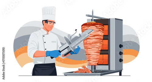 Chef Slicing Delicious Meat From a Rotating Spit for Culinary Food Preparation