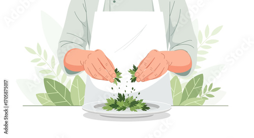 Chef Sprinkling Finely Chopped Greens Over Dish, Culinary Preparation Process