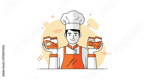 Chef Smiling, Holding Jars of Food, Ready to Serve, Vector Illustration, Gourmet Cuisine