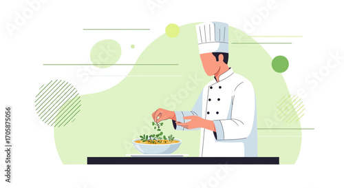 Chef Sprinkling Fresh Herbs Over Delicious Dish Preparing Elegant Food with Modern Design