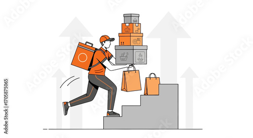Courier Ascending Stairs Bringing Orders Depicting Efficiency And Timeliness For Deliveries