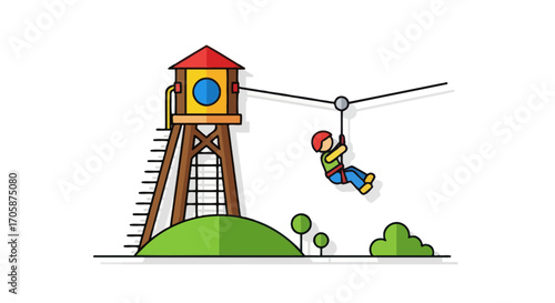Child on Zip Line with Tower and Green Hill Illustration.
