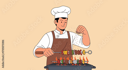 Chef Sprinkling Seasoning on Grilled Skewers Above Open Flames Vector Illustration Style