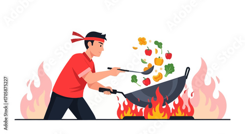 Chef Stirring Vegetables In Wok With Fire Creating Delicious And Fresh Asian Cuisine