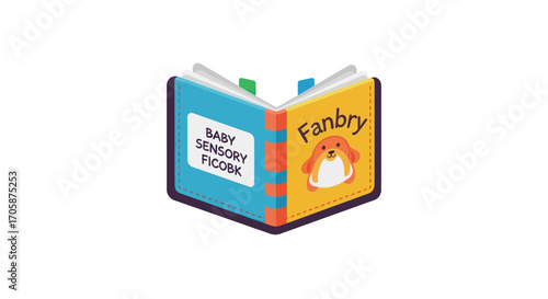 A colorful open baby sensory board book with a cute penguin illustration and page tabs.