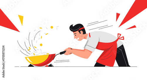 Chef Stir-Frying Rice In A Wok, Cartoon Illustration Depicting Dynamic Cooking Action