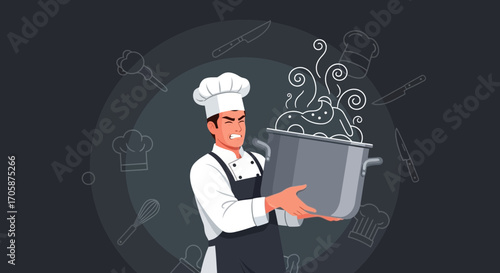 Chef Struggling With Hot Pot, Captivating Culinary Chaos and Artistic Illustration