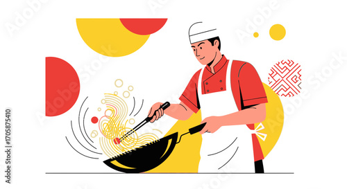 Chef Wielding Wok Creatively Preparing Delicious Asian Cuisine, Vector Illustration
