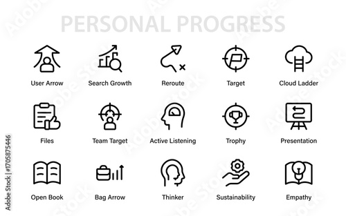 Personal progress Professional Line Icon Set, modern outline vector collection with creative minimal symbols of success, career progress, and financial motivation