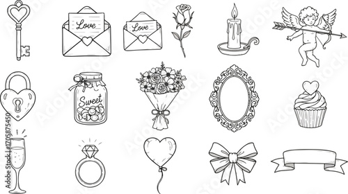 Vintage Love Symbols Collection | Romantic Hand-Drawn Doodle Pack