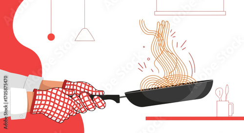 Chef's Culinary Action: Spaghetti Pasta Dish Prepared in Frying Pan, Vector Illustration