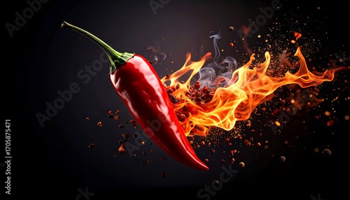 Fiery chili pepper in mid-air, surrounded by flames and spices